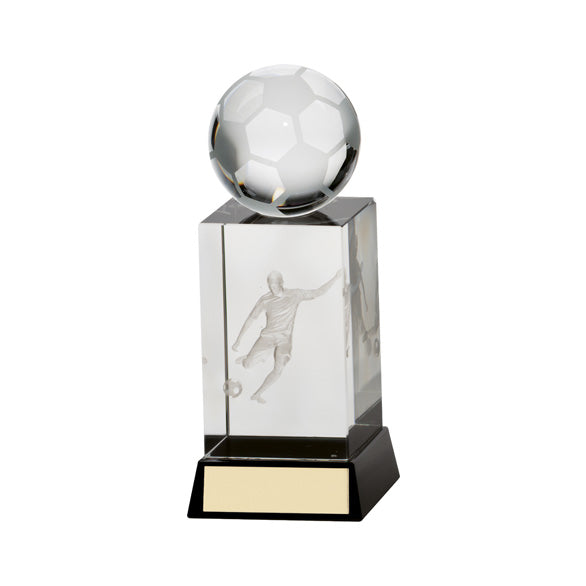 Glass football award with ball on a glass block with footballer profile