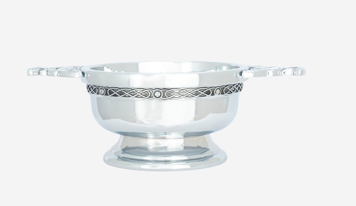 Chrome plated quaich with celtic band design