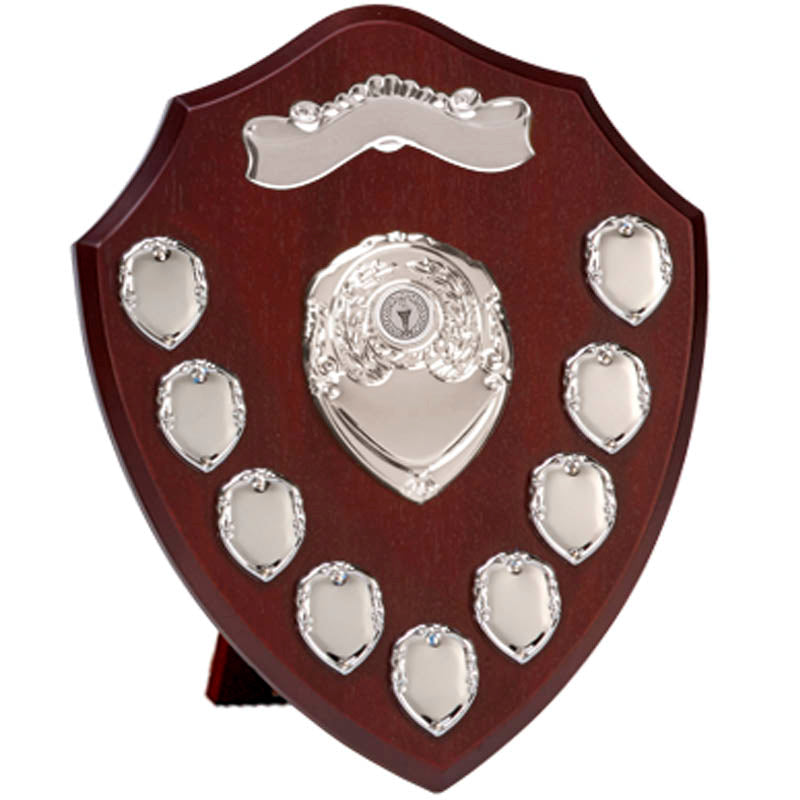 Wooden presentation shield with silver scroll and side shields