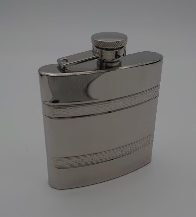 Celtic band design stainless steel hip flask with captive hinge lid