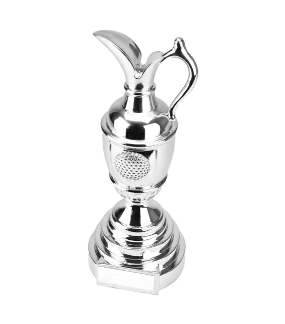 Silver claret jug set on a white background