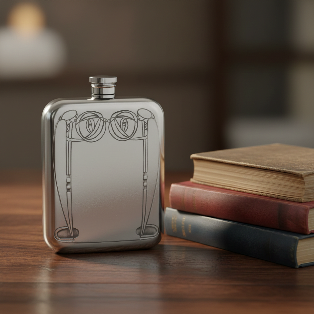 Silver flask with engraved design on a wooden surface with books in the background