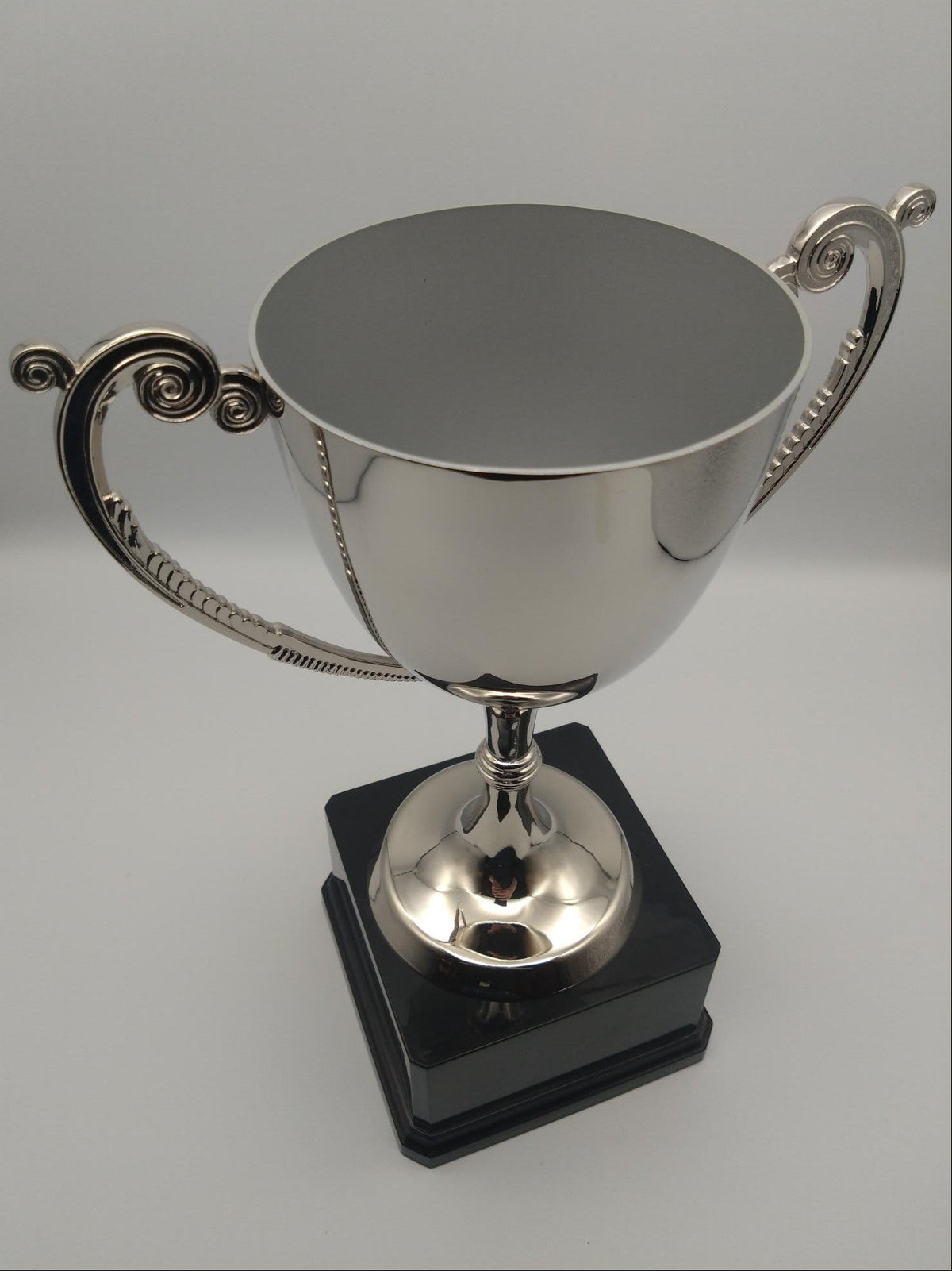 Silver trophy cup with black base on a gray background