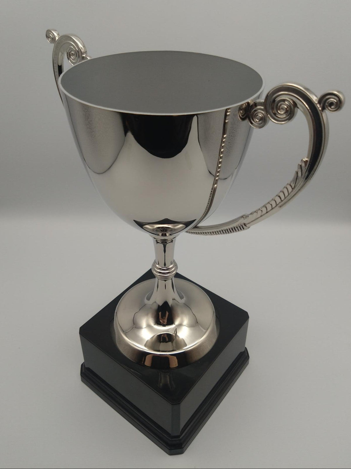 Silver trophy with a black base on a light gray background