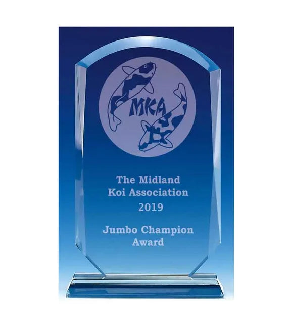 Jade glass award with 'The Midland Koi Association 2019 Jumbo Champion Award' text and logo.