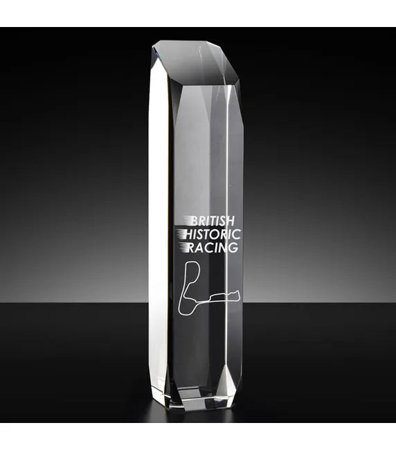 Crystal award with 'British Historic Racing' engraving on a black background