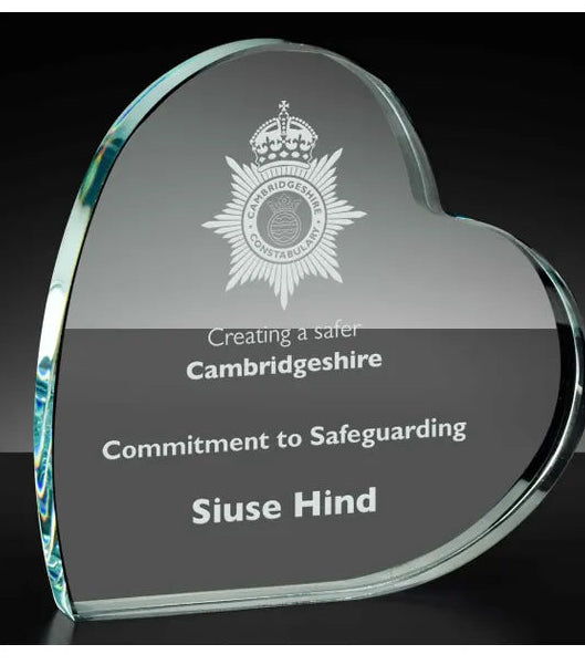 Crystal heart shaped award with engraving