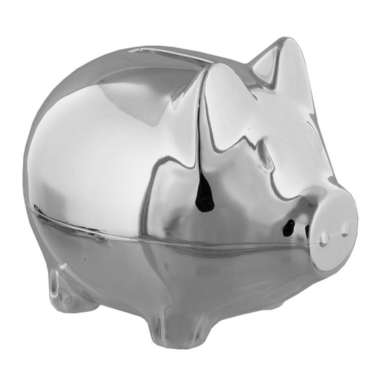 Silver plated piggy bank on white backgound