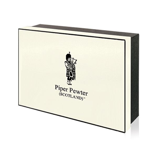 Hip flask gift box with Piper Pewter (Scotland) logo on white ackground