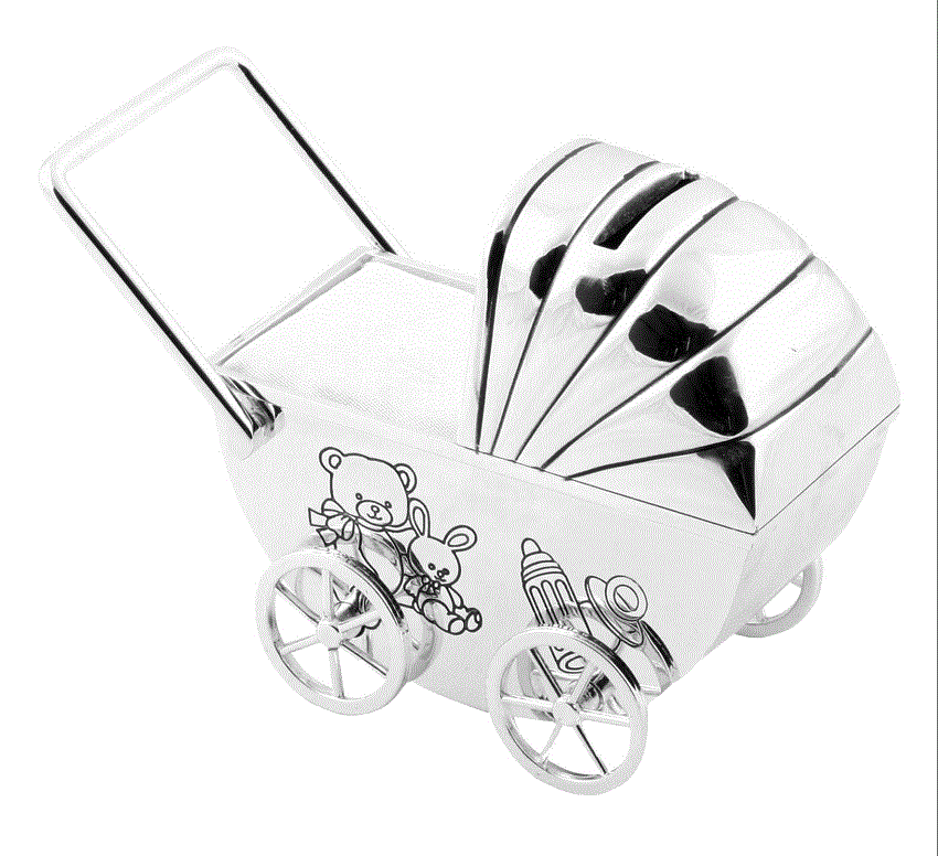 Silver plated pram shape money box with teddy bear decal on side