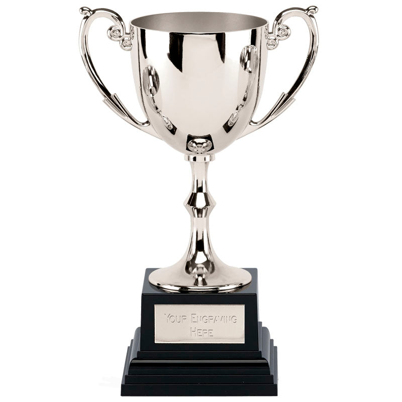 Silver cup on a black base with silver engraving plate