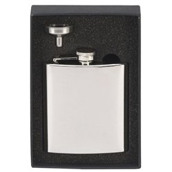 Polished stainless steel hip flask and funnel in a black gift box