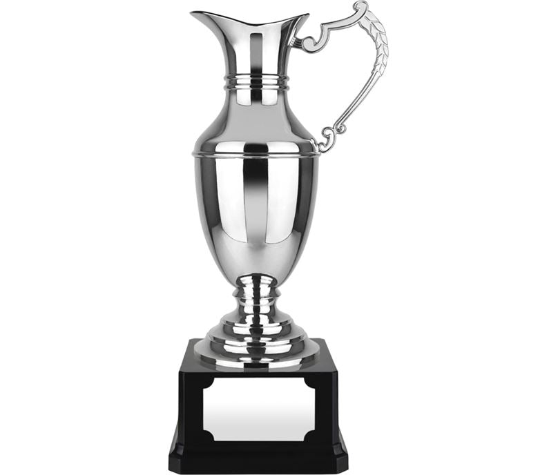 Silver claret jug on a black base with trophy plate for engraving