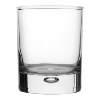 Clear glass tumbler on a white background