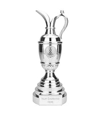 Mirror finish claret jug golf trophy on white background