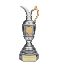 Golf trophy with a silver cup and gold handle on a white background