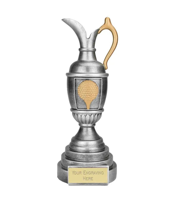 Golf trophy with a silver cup and gold handle on a white background