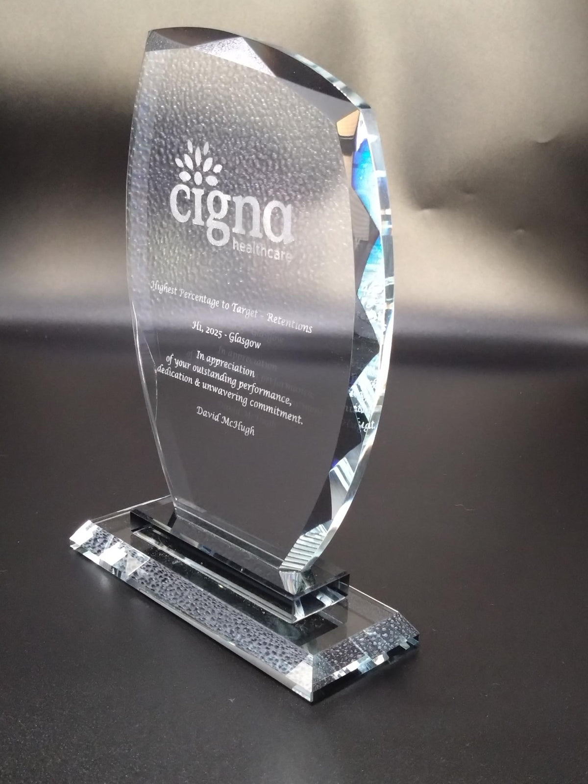 Euphoria glass award side view with black background