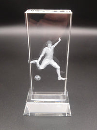 Glass football block award with 3D player kicking ball