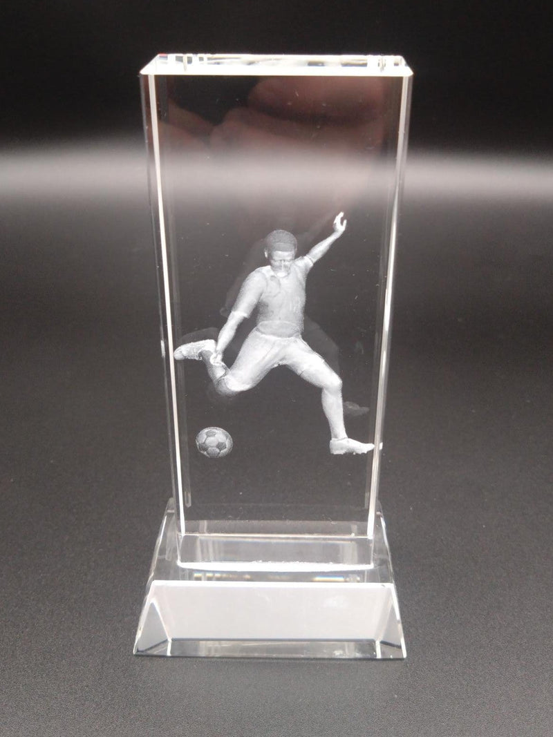 Glass football block award with 3D player kicking ball