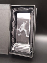 Glass football award in a black satin lined presentation box