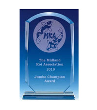 Jade glass award with 'The Midland Koi Association 2019 Jumbo Champion Award' text and logo.