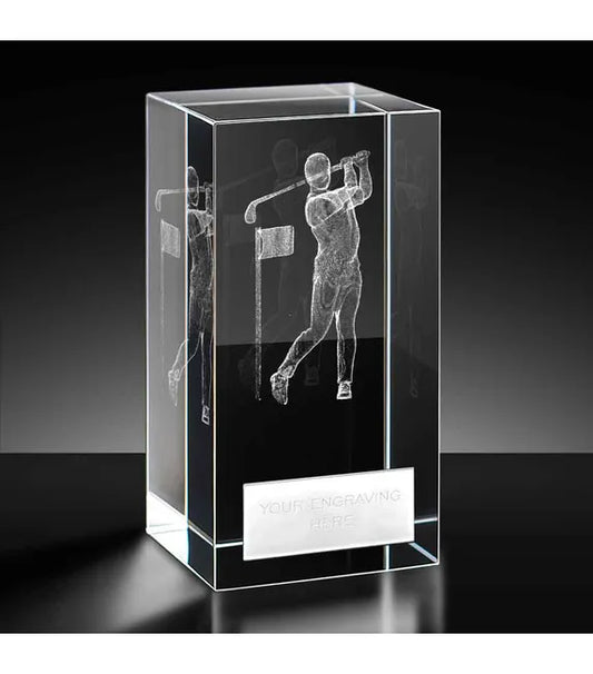 Crystal award with laser engraving of a golfer on a black background