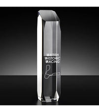 Crystal award with 'British Historic Racing' engraving on a black background
