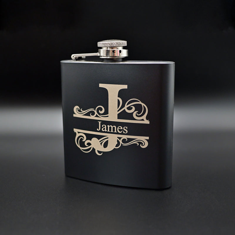 6oz Matt Black Engraved Hip Flask