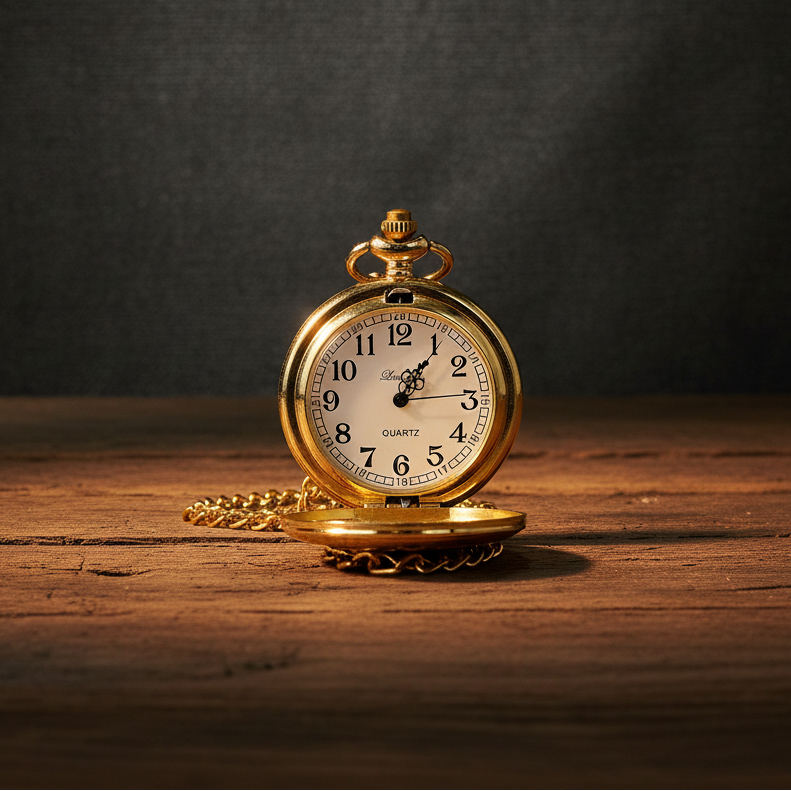Gold pocket watch on a wooden surface with a dark background