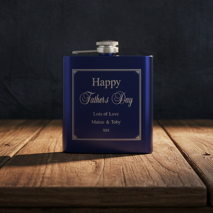 Blue flask with 'Happy Father's Day' text on a wooden surface against a dark background