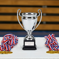 Silver coloured trophy on a table with medals and ribbons each side.