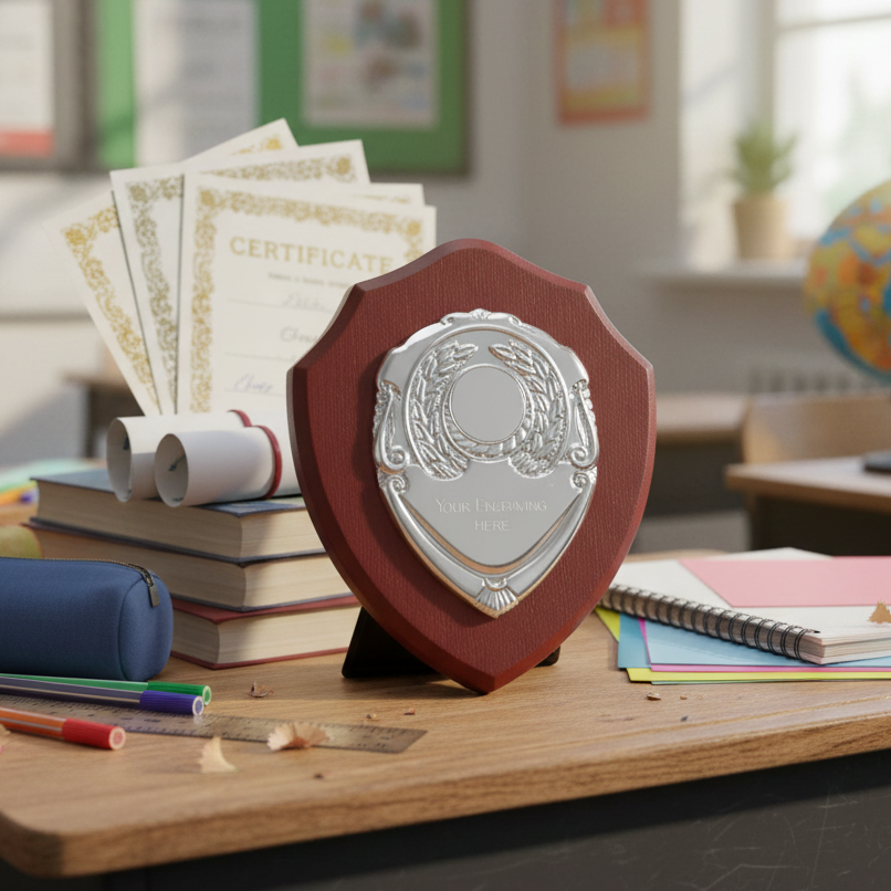Decorative shield on a classroom desk with books, pencils, and a globe in the background
