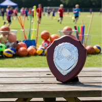 Shield-shaped trophy on a wooden table with sports equipment and children playing in the background