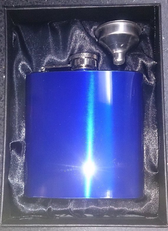6oz Blue Hip Flask with funnel and gift box