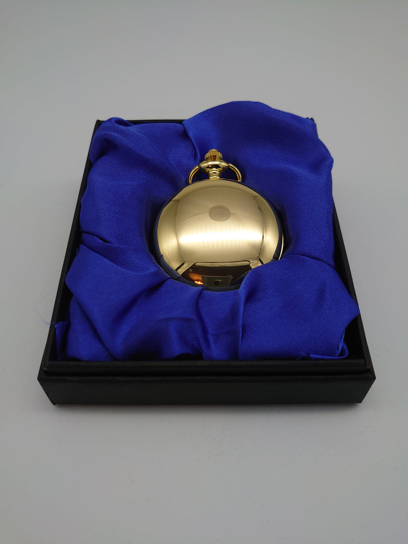 Gold Plated Pocket Watch In Blue Silk Lined Gift Box - Cutting Edge Engravers