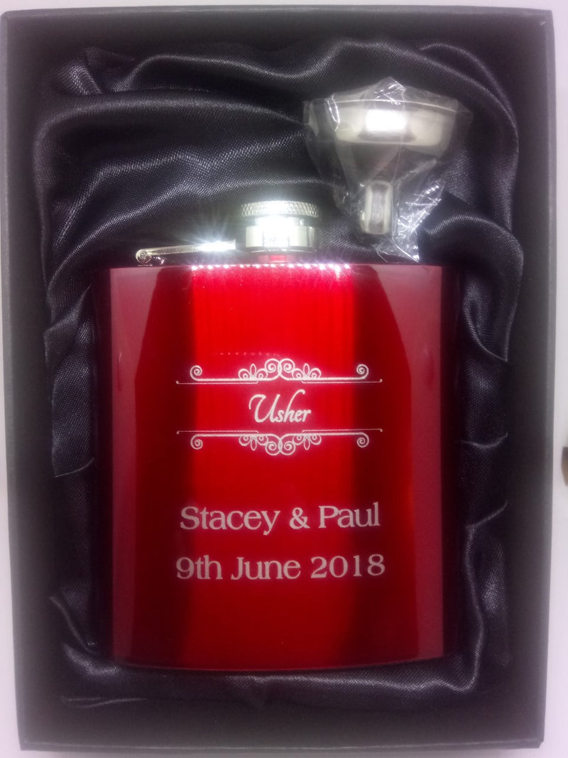 Red Stainless Steel Hip Flask & Funnel - Cutting Edge Engravers