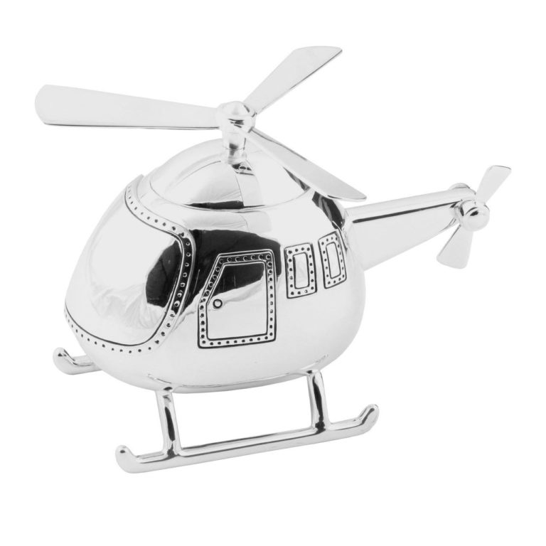 Silver plated helicopter-shaped money box with a coin slot on the side and a rotating propeller on top.