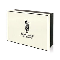 Hip flask gift box with Piper Pewter (Scotland) logo on white ackground