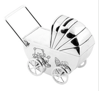 Silver plated pram shape money box with teddy bear decal on side
