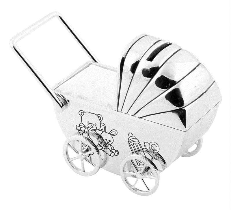 Silver plated pram shape money box with teddy bear decal on side