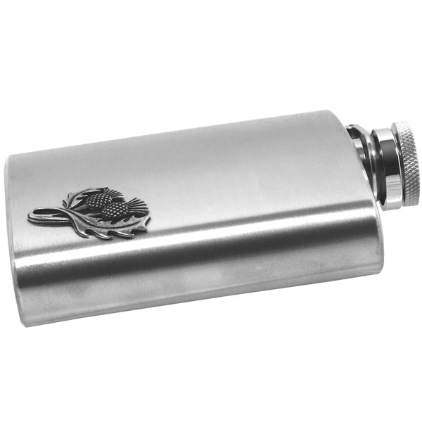 6oz Thistle Badge St. Steel Hip Flask side- Cutting Edge Engravers