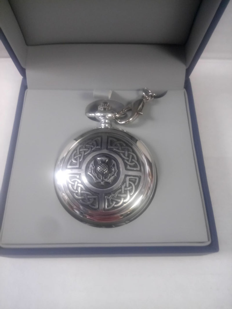 Chrome Thistle & Celtic Knotwork Pocket Watch - Cutting Edge Engravers